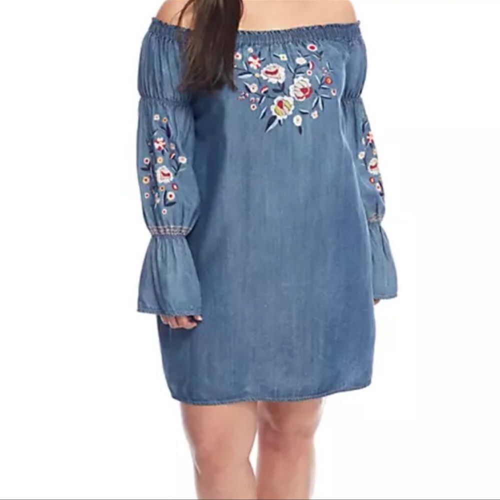 Wonderly‎ Off Shoulder Embroidered Blue Chambry Boho Dress - 1X